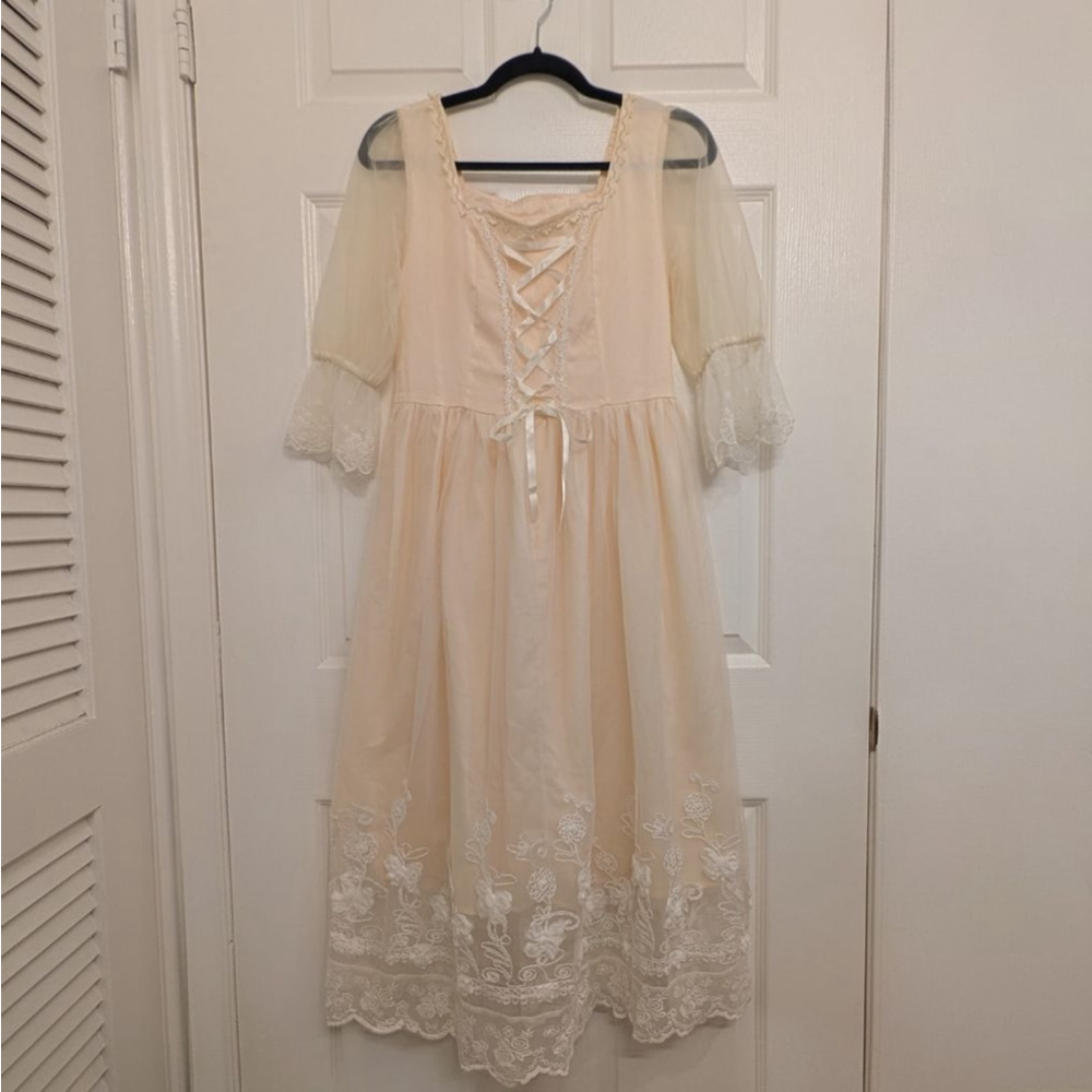 Vintage Style Cream Lace Midi Dress Cottagecore Coquette Milkmaid Corset L - Picture 2 of 10